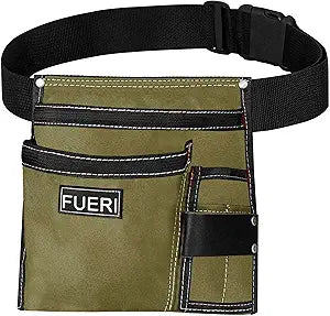 A green and black FUERI tool belt bag with multiple pockets and an adjustable black belt.