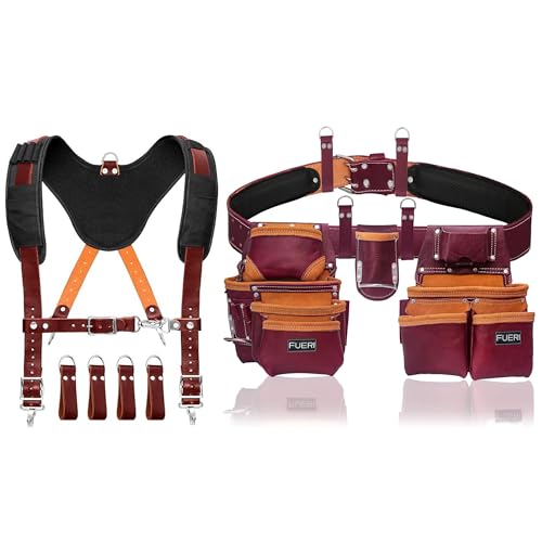 FUERI Leather Tool Belt Suspender with Heavy-Duty 19-Pocket Tool Pouch (Tool Kit)