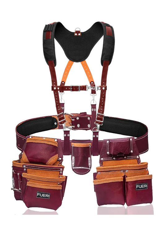 19 Pocket Maroon Leather Tool Belt with Suspender