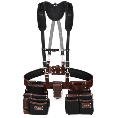 19 Pocket Nylon and Leather Tool Belt with Padded Suspenders for Carpenters,  Electricians, Framers & Construction Pros