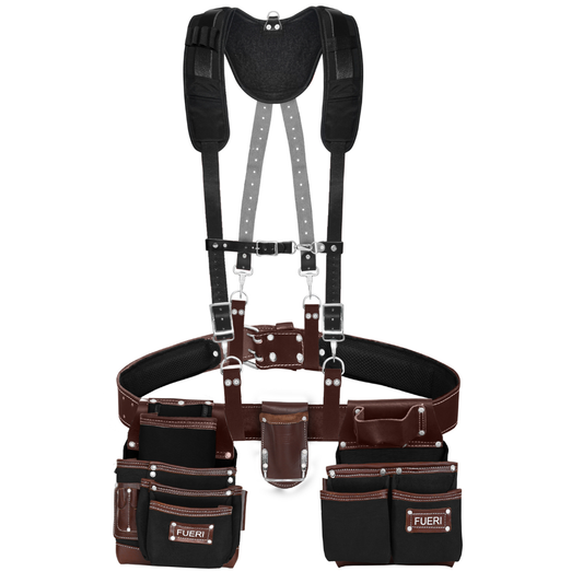 19 Pocket Nylon and Leather Tool Belt with Padded Suspenders for Carpenters,  Electricians, Framers & Construction Pros