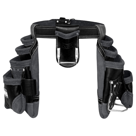 FUERI 16-Pocket Heavy Duty Black Leather Tool Belt with Triple Hammer Holder for Men