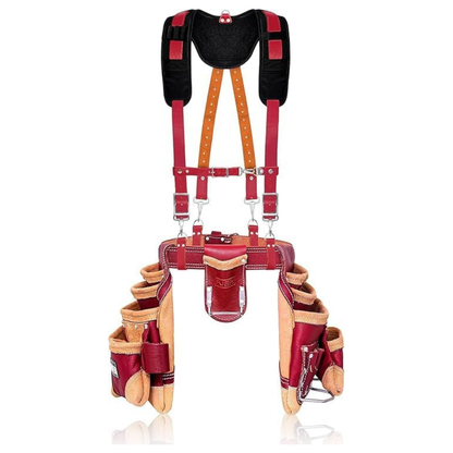 FUERI Leather Tool Belt Suspenders for Carpenters Construction Electricians Framers Bags Pouches Holder Organizer Set(16 Pocket Maroon Tool Belt Set, Adjustable)