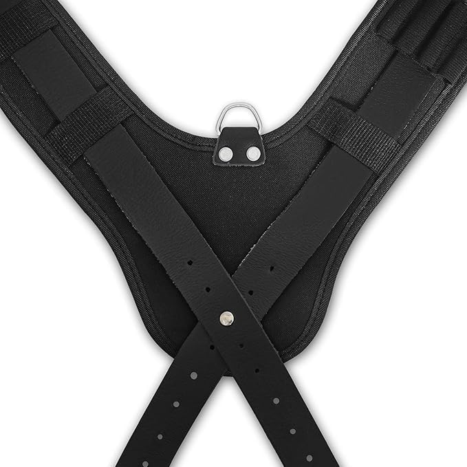 Rear view of black padded Y-back suspenders for the FUERI carpenter tool belt