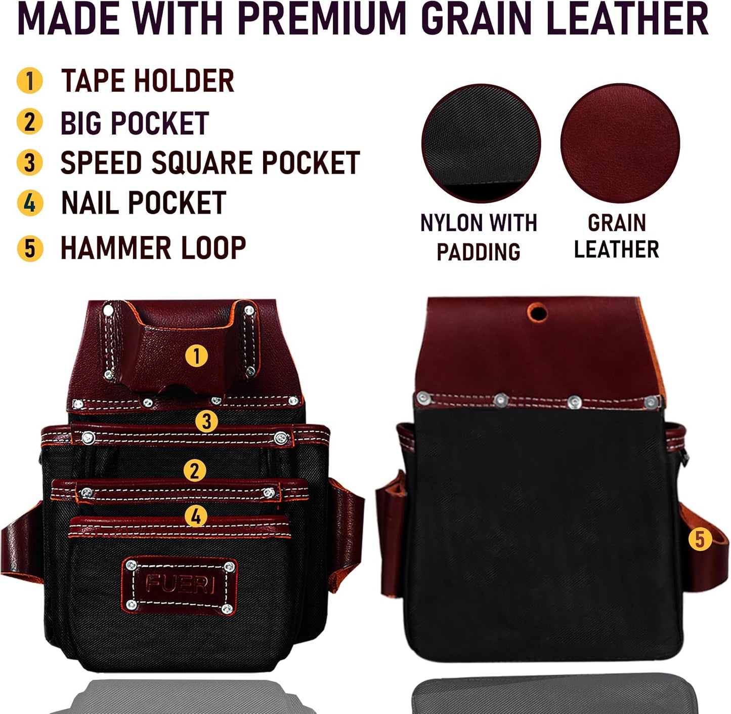 FUERI tool belt material detail showing premium grain leather construction and color options