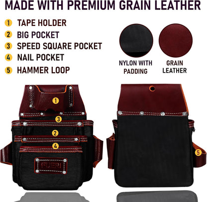 FUERI tool belt material detail showing premium grain leather construction and color options