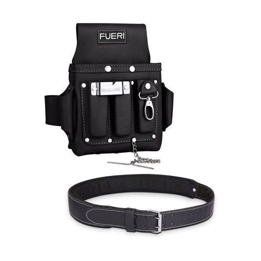 A black premium grain leather work belt with a 4-pocket tool pouch and an adjustable strap, featuring the FEURI brand logo on the pouch.