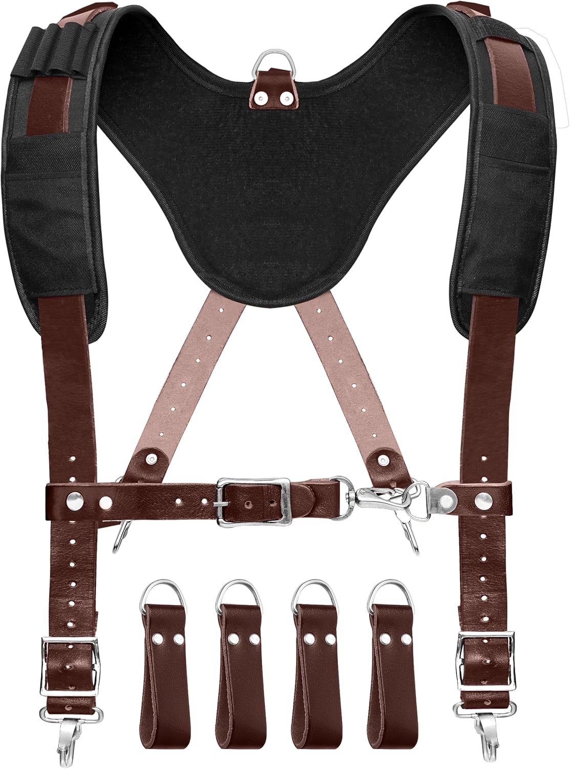 19 Pocket Nylon and Leather Tool Belt with Padded Suspenders for Carpenters,  Electricians, Framers & Construction Pros