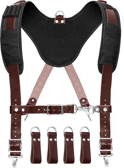 19 Pocket Nylon and Leather Tool Belt with Padded Suspenders for Carpenters,  Electricians, Framers & Construction Pros