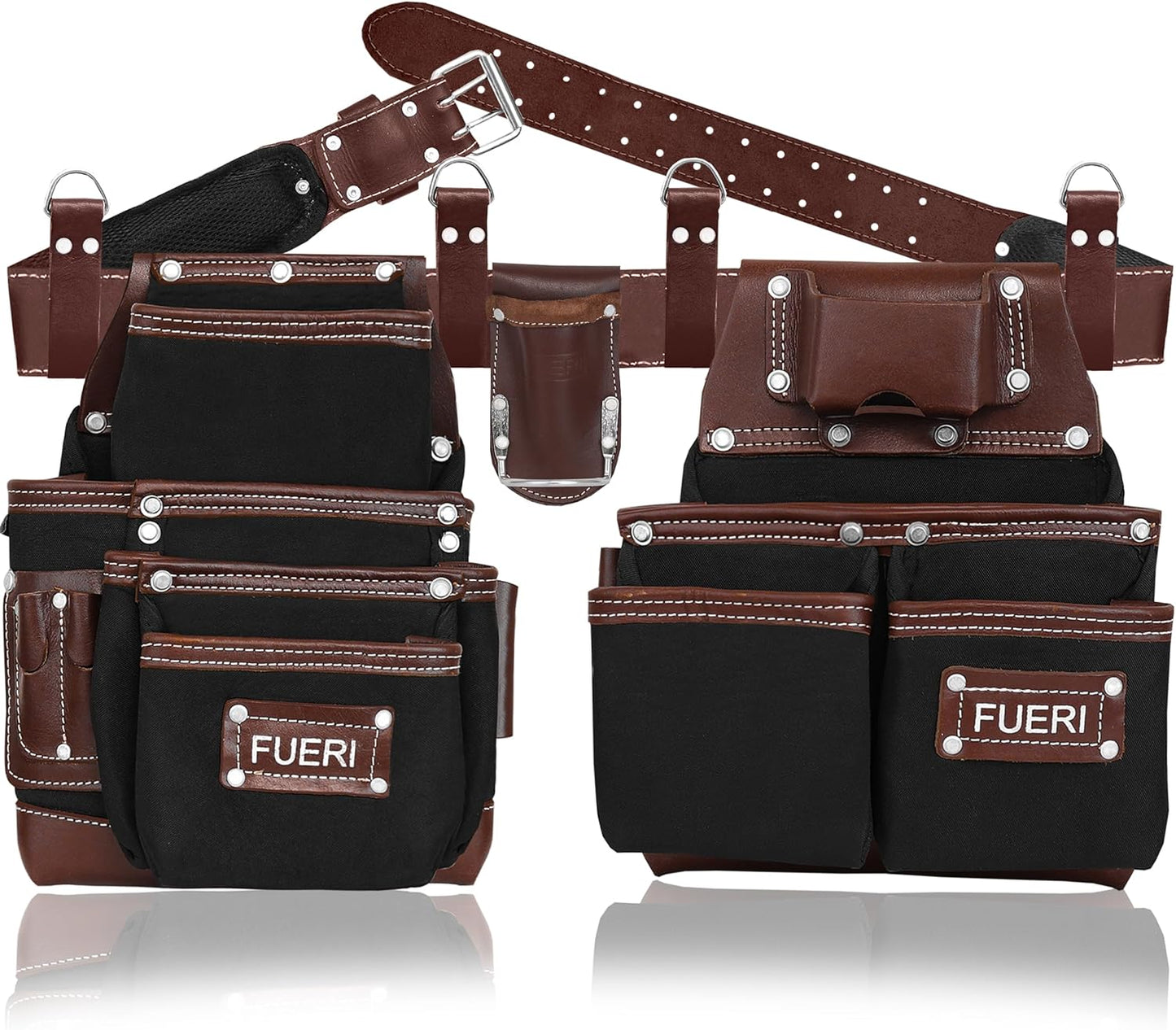 19 Pocket Nylon and Leather Tool Belt with Padded Suspenders for Carpenters,  Electricians, Framers & Construction Pros