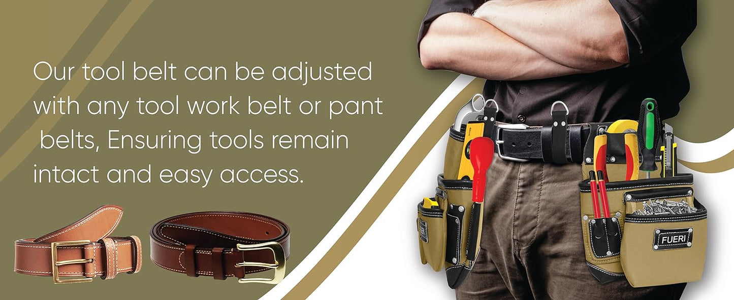 FUERI Nylon & Leather Tool Belt | Heavy Duty 19 Pockets with Foam Padded Belt & Suspenders Loops for Carpenters, Framers, Electricians