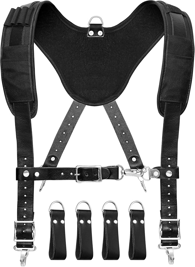 26 Pocket Red and Black Leather-Nylon Tool Belt with Suspenders For Roofers, Framers, Electricians, Plumbers, Carpenters