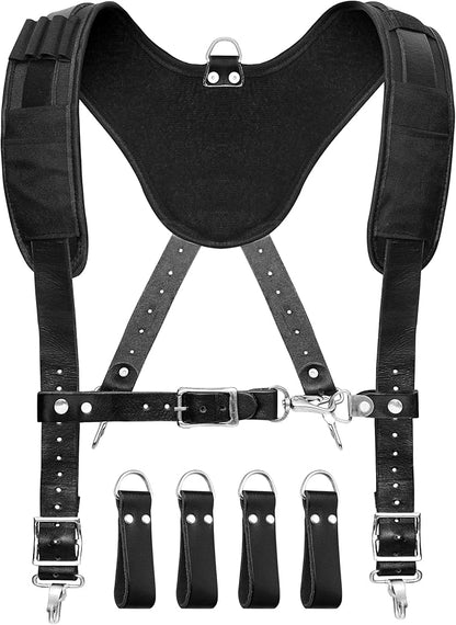 26 Pocket Red and Black Leather-Nylon Tool Belt with Suspenders For Roofers, Framers, Electricians, Plumbers, Carpenters