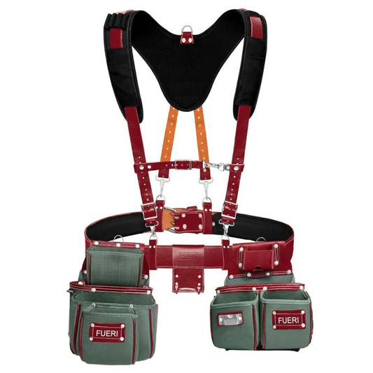 FUERI 19-pocket green nylon and maroon leather tool belt with padded suspenders front view