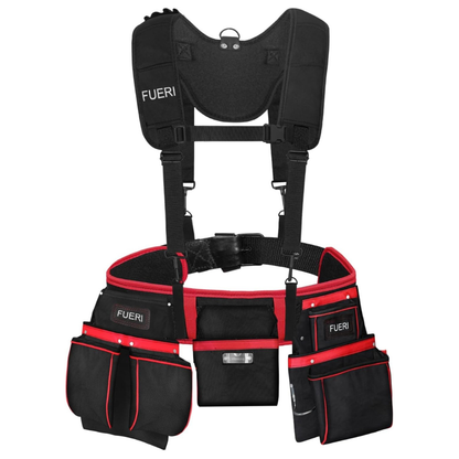 FUERI 23-pocket black and red nylon tool belt with padded suspenders front view