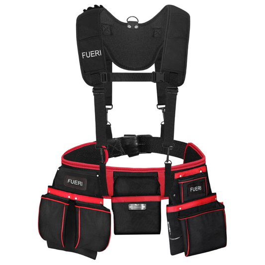 FUERI 23-pocket black and red nylon tool belt with padded suspenders front view