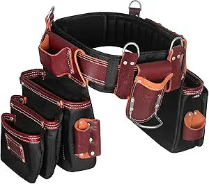 Top-down view of FUERI leather tool belt showing 26 organized pockets and holster-style pouches