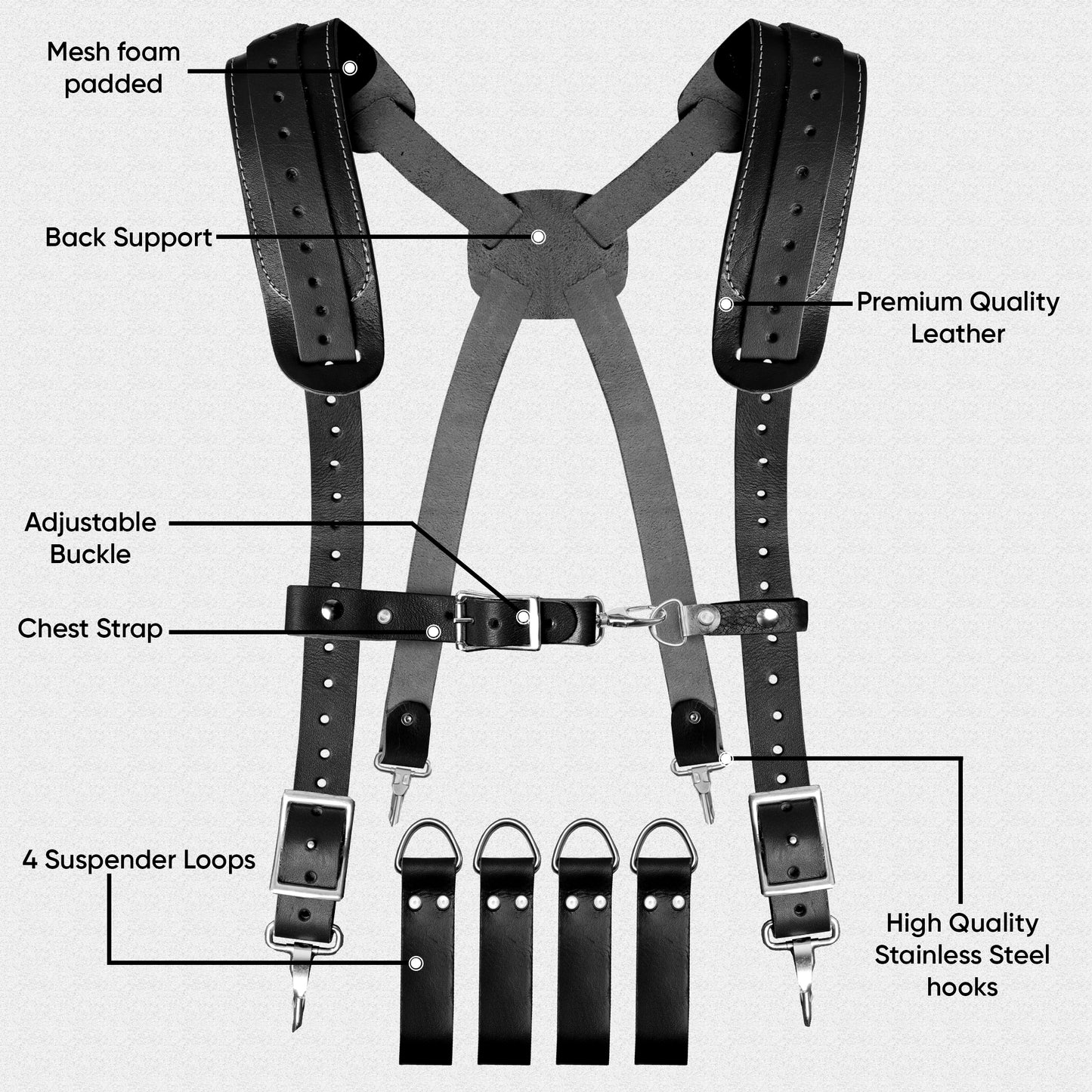26 Pocket Leather-Nylon Tool Belt with Suspenders for Carpenters, Electricians & Framers