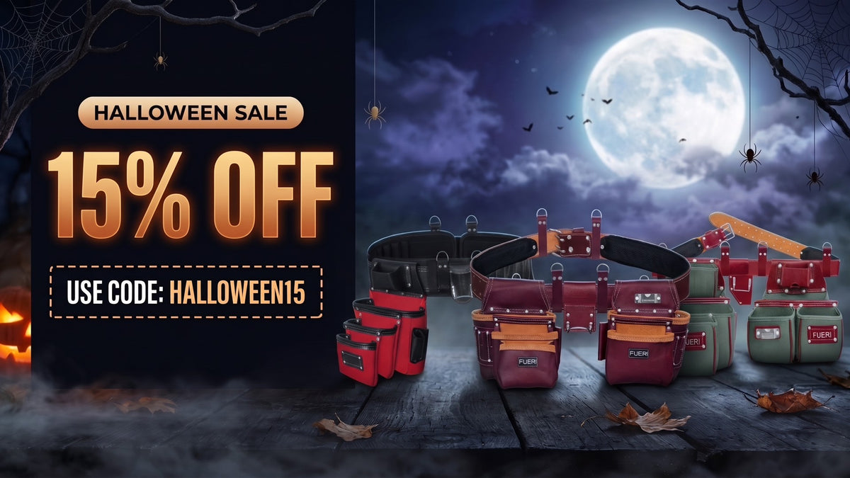 FUERI tool belts with pouches in red, maroon leather and green nylon, Halloween sale banner with 15% off code HALLOWEEN15