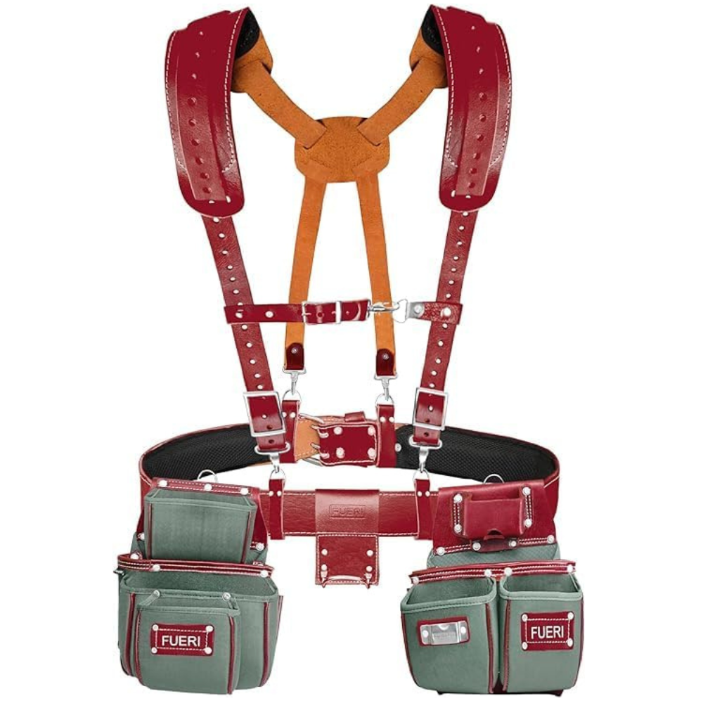 Maroon leather shoulder padded Y-back suspenders for FUERI green nylon tool belt