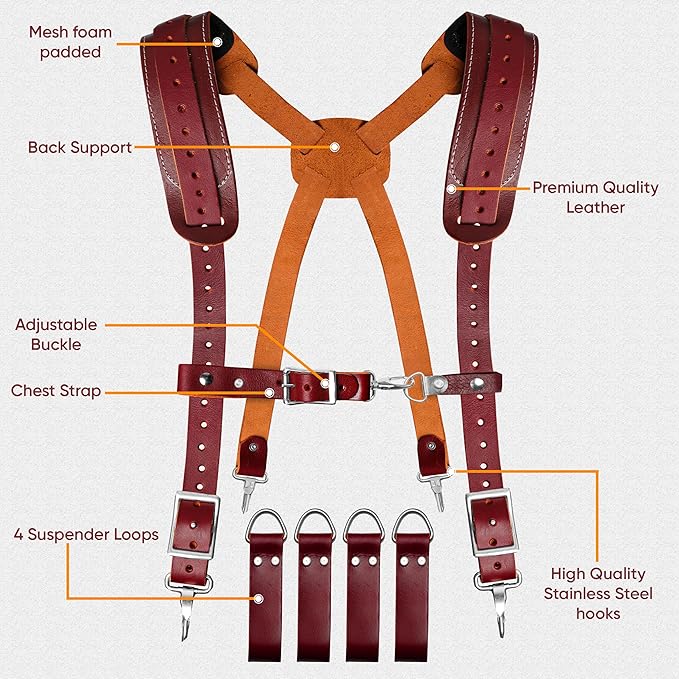 Maroon leather suspender straps with double-stitched seams on FUERI tool belt
