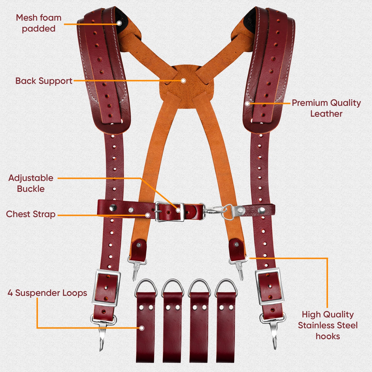  FUERI maroon leather tool belt suspenders features breakdown showing mesh foam padded shoulders, back support, premium leather straps, adjustable buckle, chest strap, four suspender loops, and stainless steel hooks