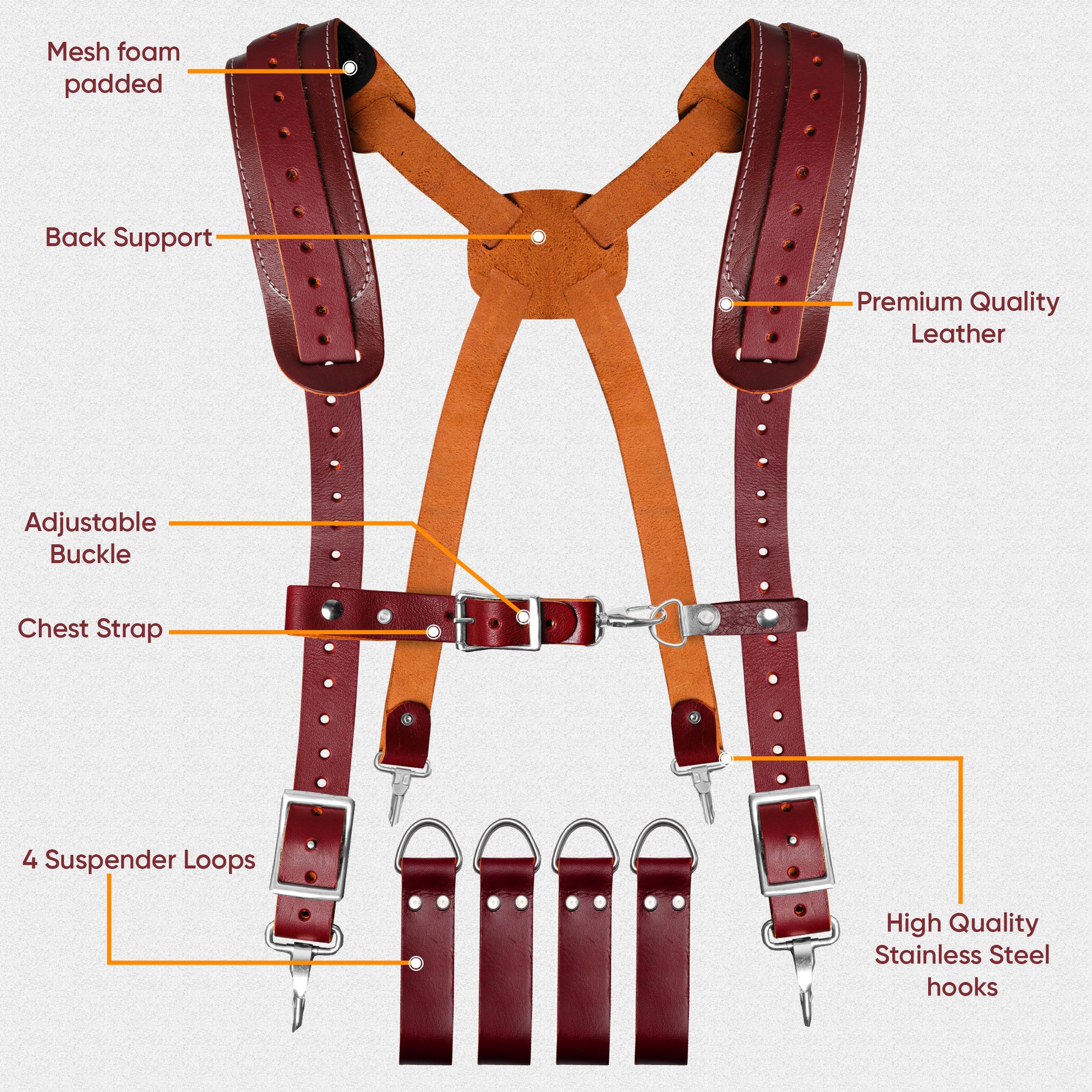  FUERI maroon leather tool belt suspenders features breakdown showing mesh foam padded shoulders, back support, premium leather straps, adjustable buckle, chest strap, four suspender loops, and stainless steel hooks