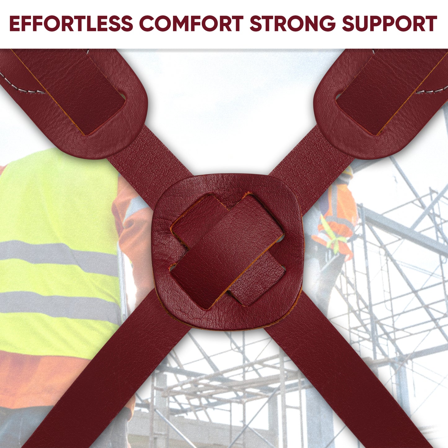 Close-up of FUERI maroon leather tool belt suspenders back X-crossover joint on a construction worker in hi-vis vest at a scaffolding jobsite