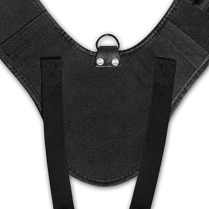 Rear yoke detail of FUERI nylon padded suspenders showing steel D-ring hanger and reinforced shoulder strap attachment points