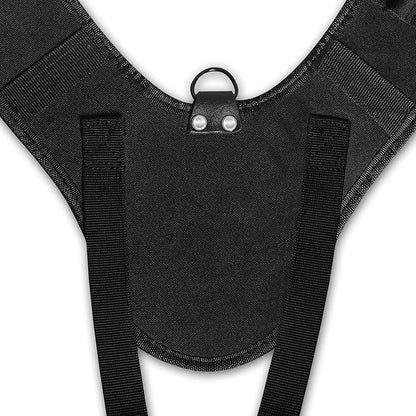 Rear yoke detail of FUERI nylon padded suspenders showing steel D-ring hanger and reinforced shoulder strap attachment points