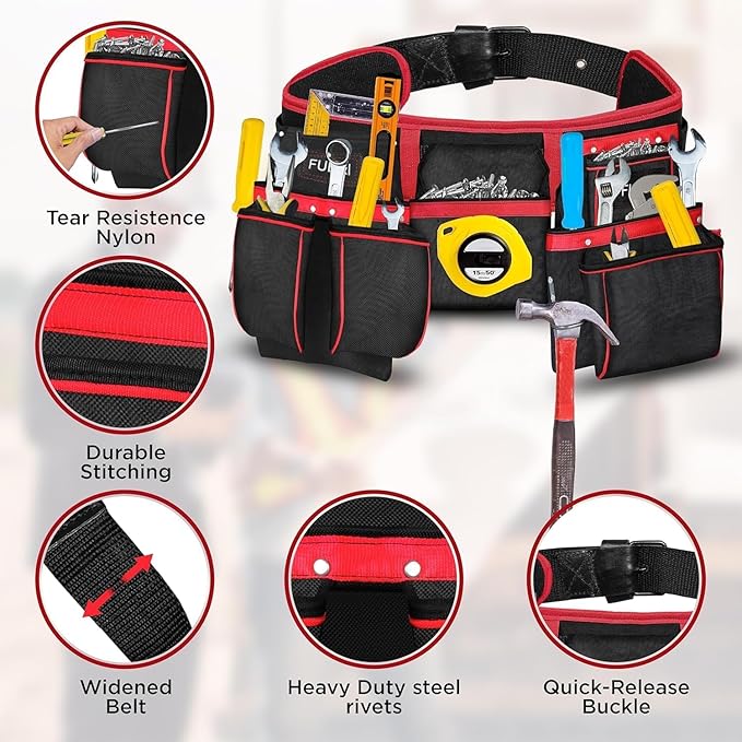 FUERI tool belt features detail showing tear-resistant nylon, durable stitching, widened belt, steel rivets, and quick-release buckle