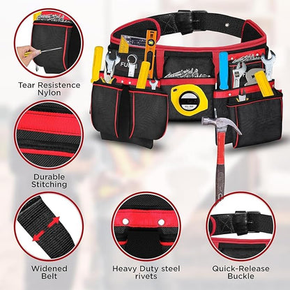 FUERI tool belt features detail showing tear-resistant nylon, durable stitching, widened belt, steel rivets, and quick-release buckle