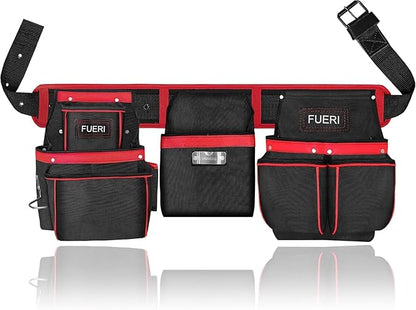 Black and red double-layered nylon tool belt with two detachable pouches laid flat