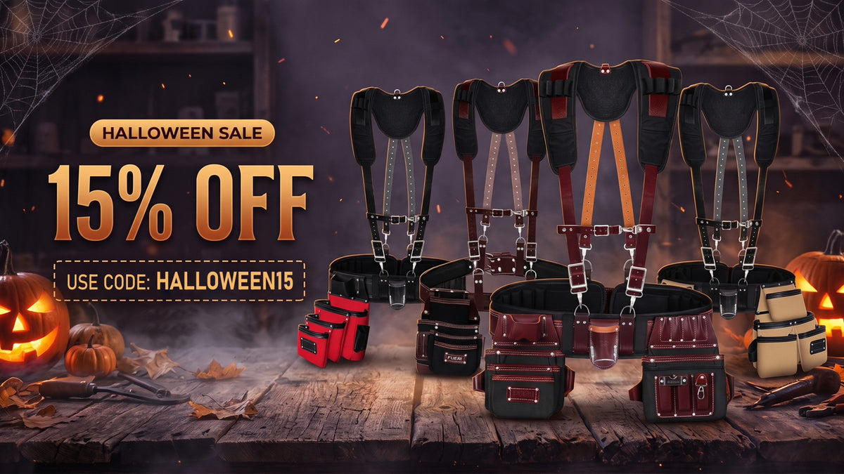 FUERI padded tool belt suspenders with leather and nylon pouches, Halloween sale banner with 15% off code HALLOWEEN15.