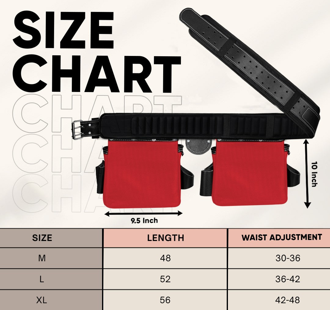 FUERI tool belt size chart with Medium fitting 30 to 36 inch waist, Large fitting 36 to 42 inch, and X-Large fitting 42 to 48 inch waist