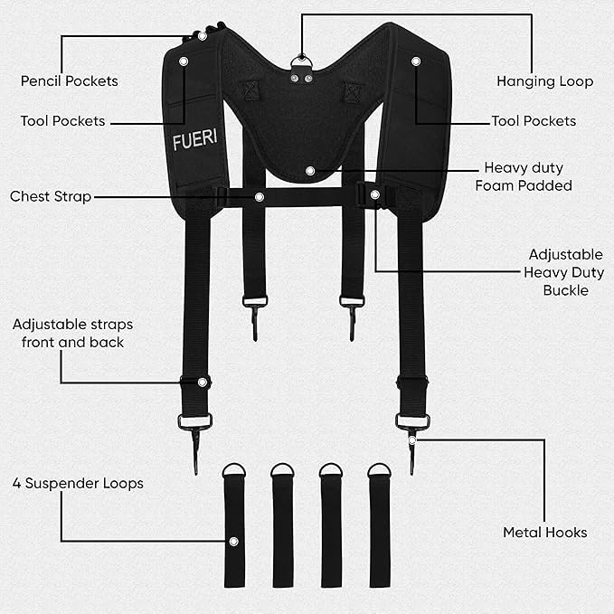 FUERI padded suspenders specification diagram with labeled feature callouts