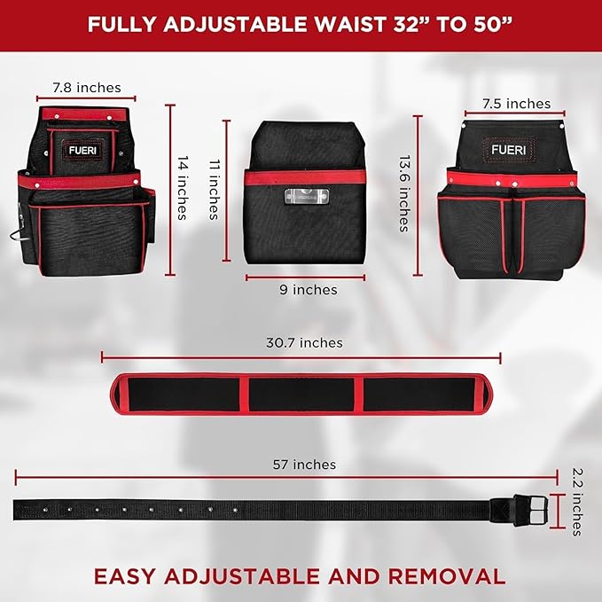 FUERI tool belt feature detail showing fully adjustable 32 to 50 inch waist