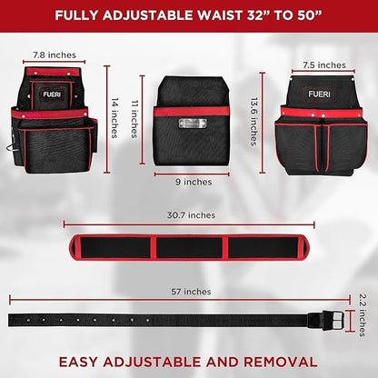FUERI tool belt feature detail showing fully adjustable 32 to 50 inch waist