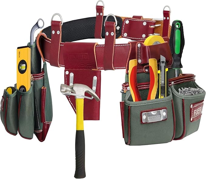 FUERI 19-pocket tool belt fully loaded with pliers, screwdrivers, and tape measure showing pocket capacity