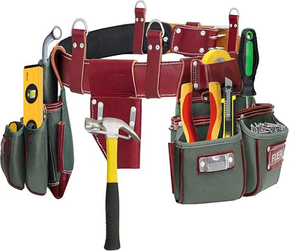 FUERI 19-pocket tool belt fully loaded with pliers, screwdrivers, and tape measure showing pocket capacity