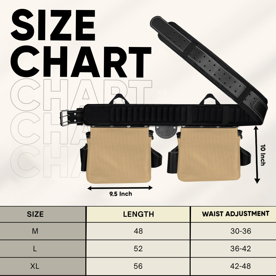 FUERI tool belt size chart with Medium fitting 30 to 36 inch waist, Large fitting 36 to 42 inch, and X-Large fitting 42 to 48 inch waist