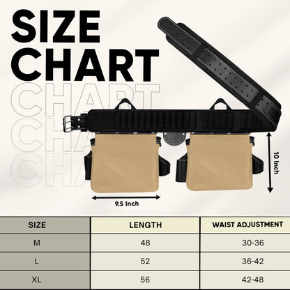 FUERI tool belt size chart with Medium fitting 30 to 36 inch waist, Large fitting 36 to 42 inch, and X-Large fitting 42 to 48 inch waist