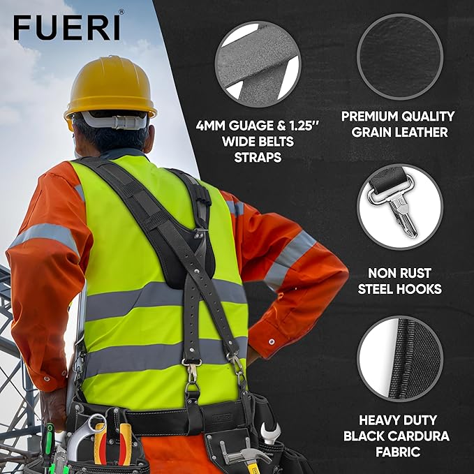 Construction worker in hi-vis vest and orange shirt wearing FUERI tool belt suspenders, with feature callouts for 4mm gauge 1.25 inch wide straps, premium grain leather, non-rust steel hooks, and heavy-duty black Cordura fabric