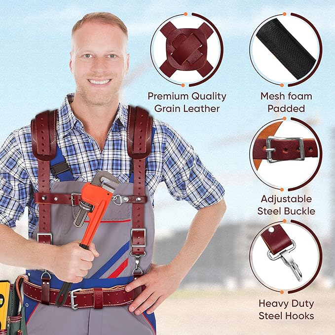 Construction worker wearing FUERI green nylon leather tool belt with suspenders