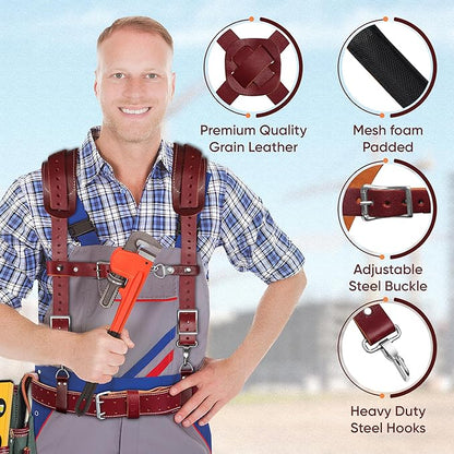 Construction worker wearing FUERI green nylon leather tool belt with suspenders