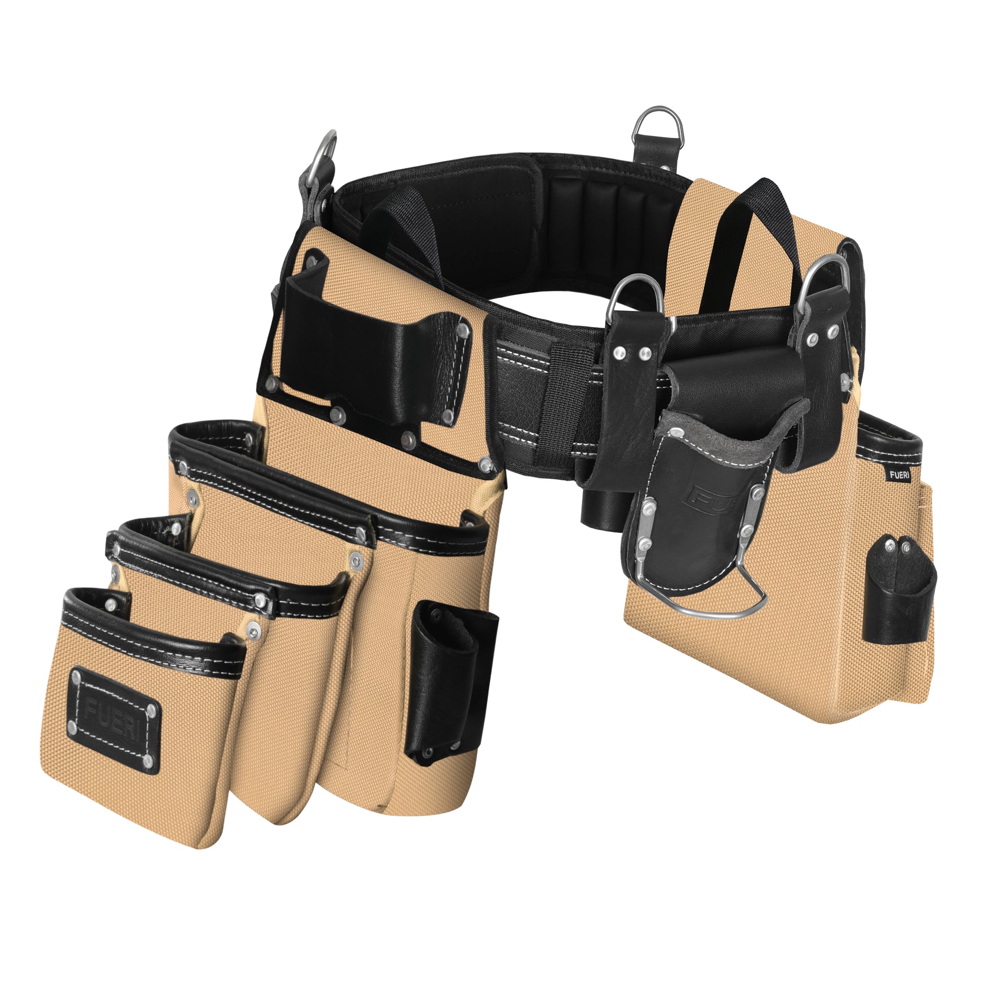 Heavy-duty 26-pocket black and beige leather and nylon construction tool belt shown from 3D angled view with padded belt and hammer loop