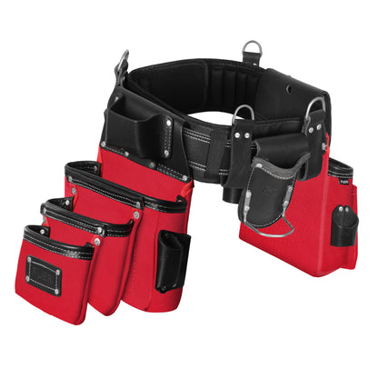 Heavy-duty 26-pocket red and black leather and nylon construction tool belt shown from 3D angled view with padded belt and hammer loop