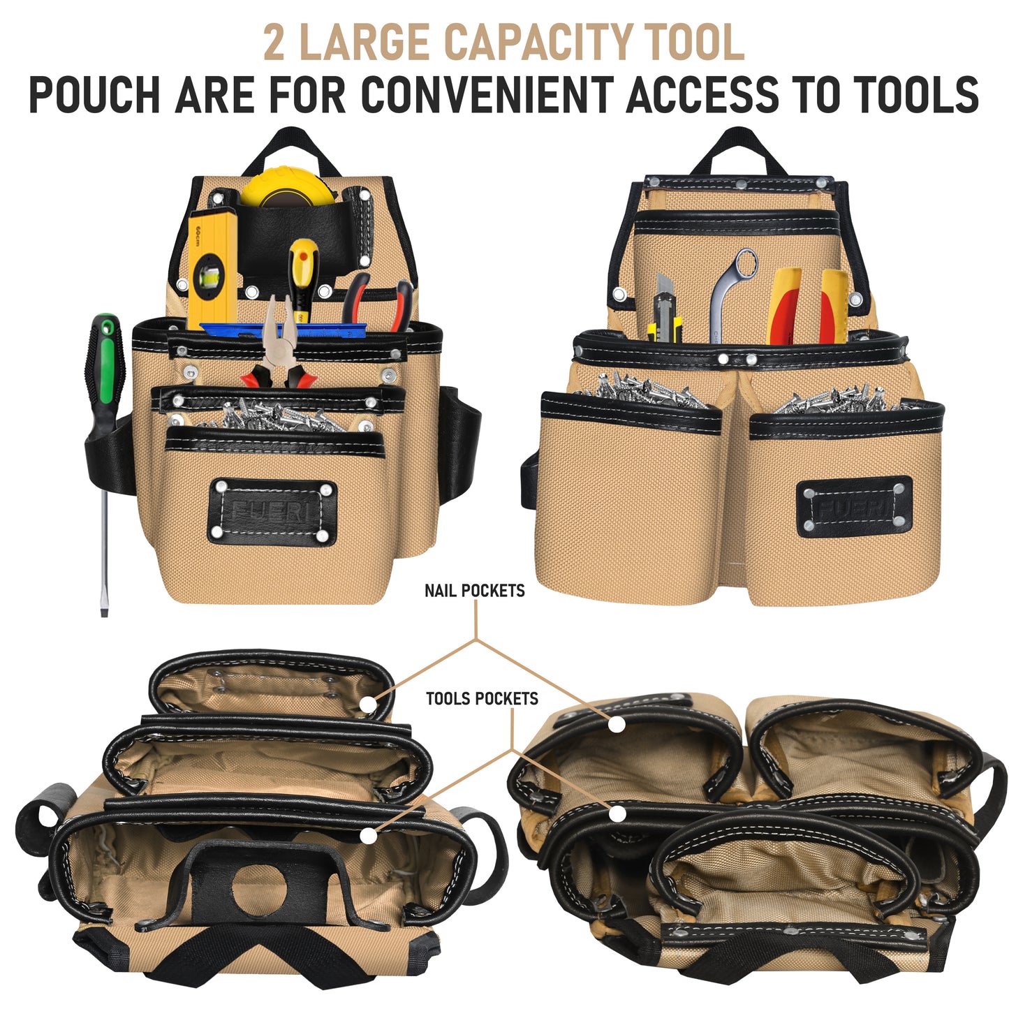 Two large-capacity black and beige tool belt pouches with labeled nail pockets and tool pockets, shown loaded with hand tools and from above