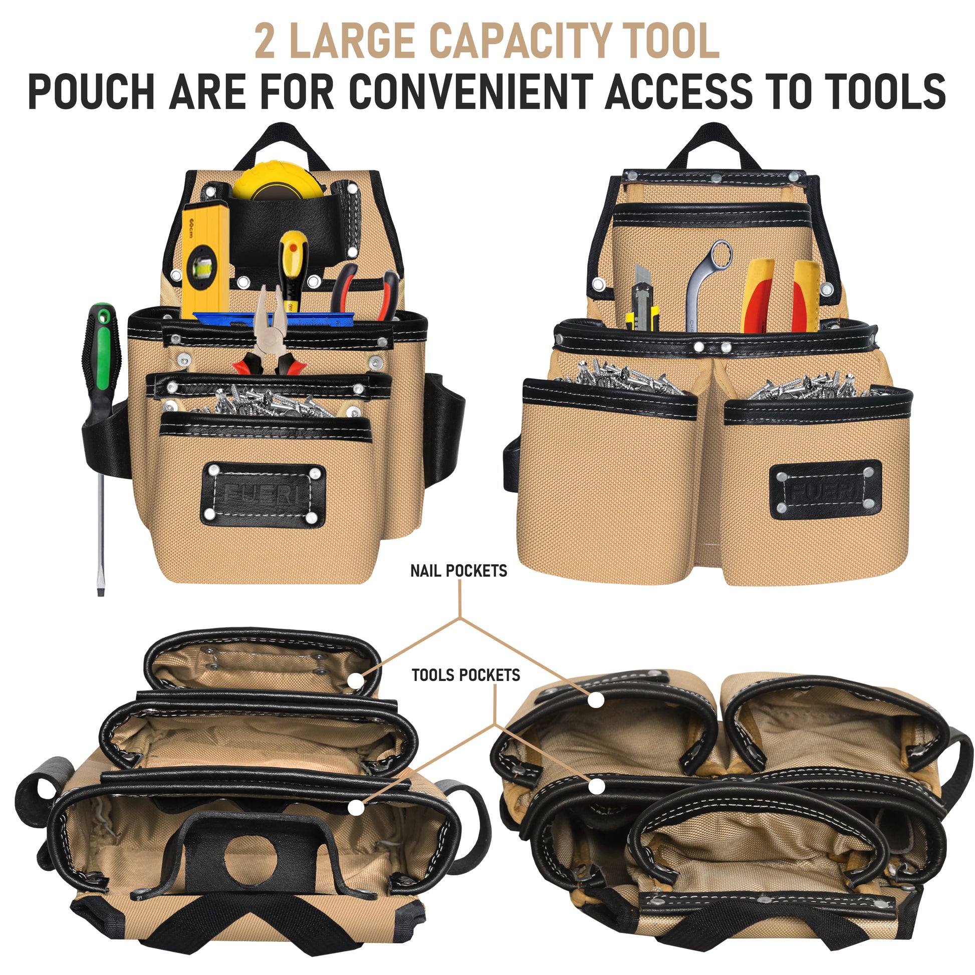Two large-capacity black and beige tool belt pouches with labeled nail pockets and tool pockets, shown loaded with hand tools and from above