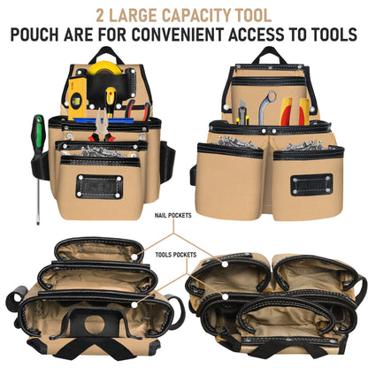 Two large-capacity black and beige tool belt pouches with labeled nail pockets and tool pockets, shown loaded with hand tools and from above